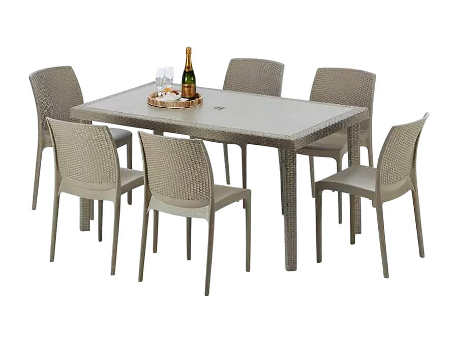 Polyrattan Tisch Rechteckig mit 6 Bunten Stühlen 150x90 Beige Marion
