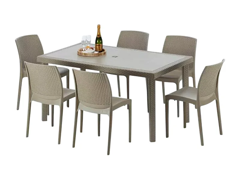 Polyrattan Tisch Rechteckig mit 6 Bunten Stühlen 150x90 Beige Marion