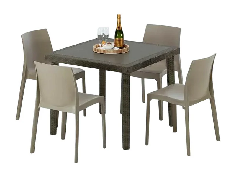 Poly Rattan Tisch Quadratisch mit 4 Bunten Stühlen 90x90 Braun Brown Passion