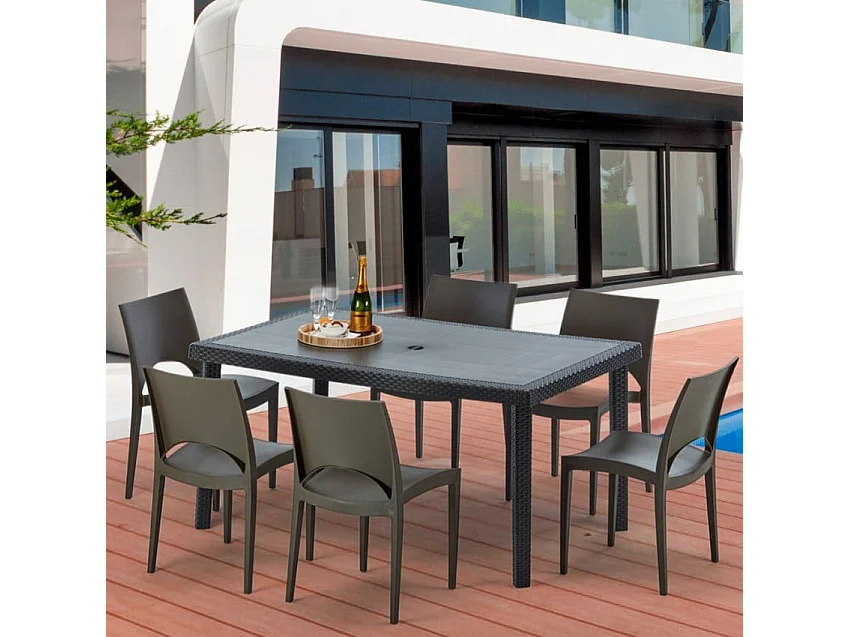 Poly Rattan Tisch Rechteckig mit 6 Bunten Polyrattan Stühlen 150x90 Schwarz