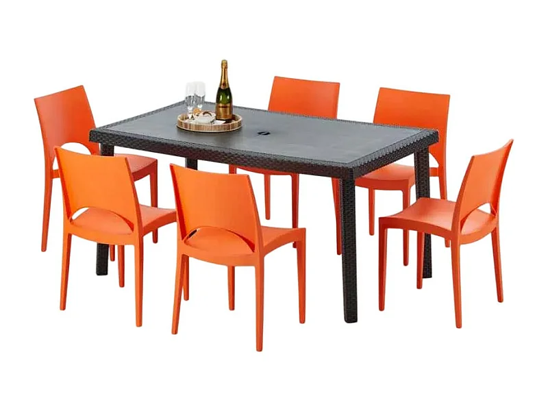 Poly Rattan Tisch Rechteckig mit 6 Bunten Polyrattan Stühlen 150x90 Schwarz