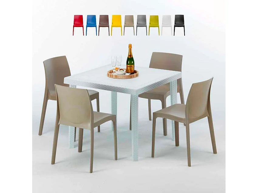 Weiß Quadratisch Tisch und 4 Stühle Farbiges Polypropylen-Außenmastenset Grand Soleil Rome Love - Beige
