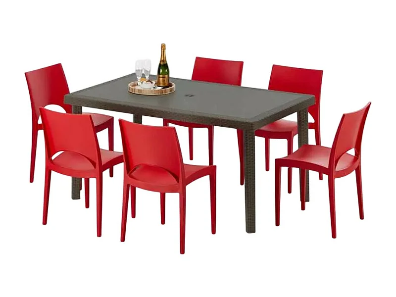 Polyrattan Tisch Rechteckig mit 6 Bunten Stühlen 150x90 Braun Focus