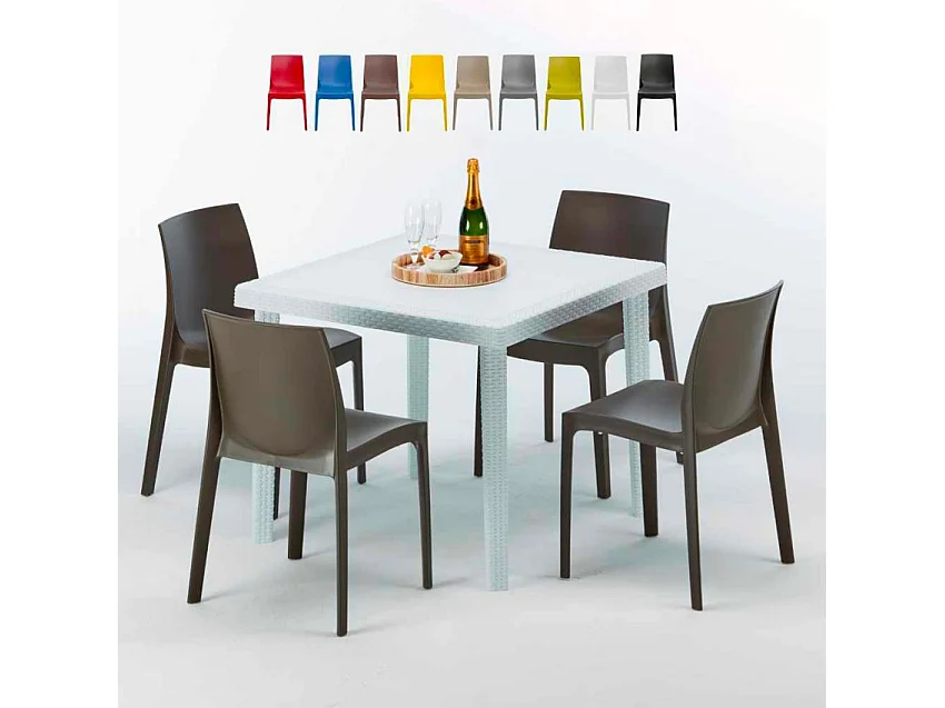 Weiß Quadratisch Tisch und 4 Stühle Farbiges Polypropylen-Außenmastenset Grand Soleil Rome Love - Braun