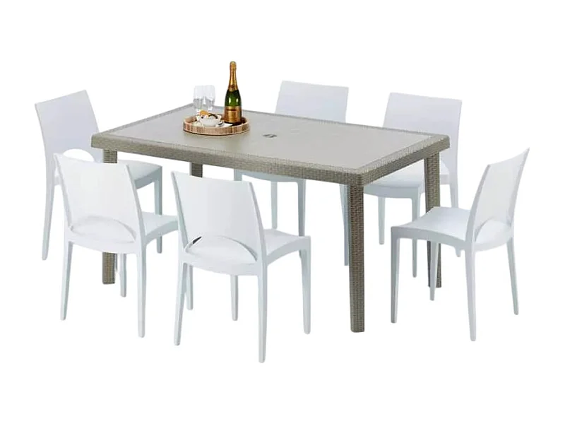 Polyrattan Tisch Rechteckig mit 6 Bunten Stühlen 150x90 Beige Marion