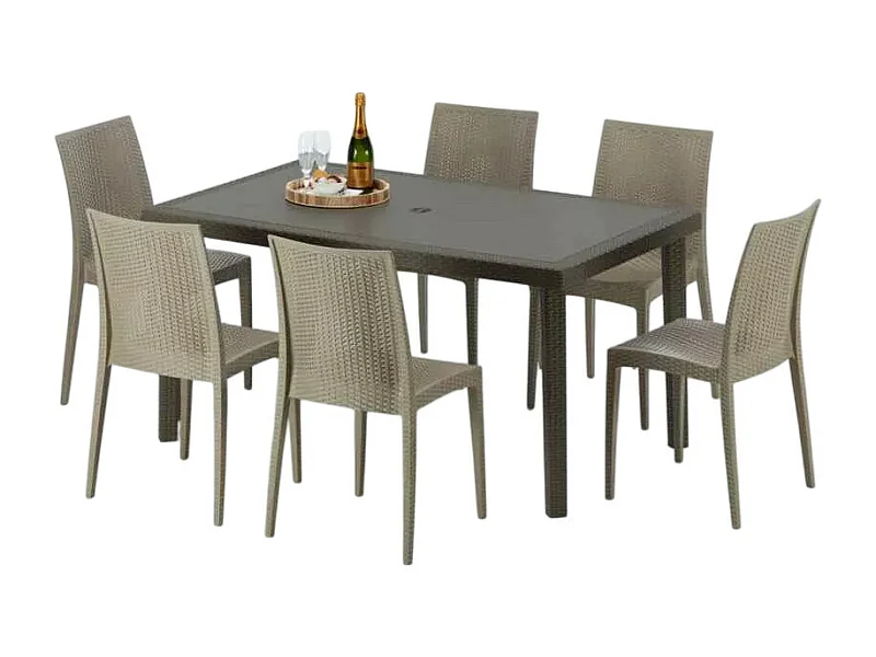 Polyrattan Tisch Rechteckig mit 6 Bunten Stühlen 150x90 Braun Focus