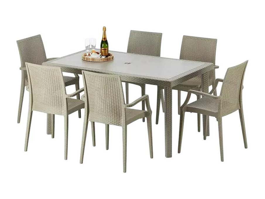 Polyrattan Tisch Rechteckig mit 6 Bunten Stühlen 150x90 Beige Marion