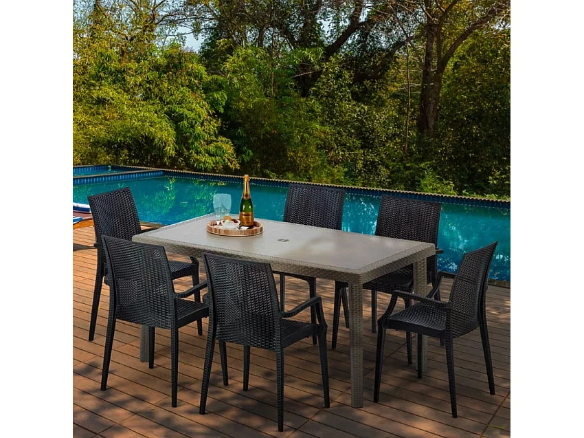 Polyrattan Tisch Rechteckig mit 6 Bunten Stühlen 150x90 Beige Marion