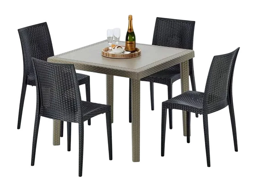 Polyrattan Tisch Quadratisch mit 4 Bunten Stühlen 90x90 Beige Elegance