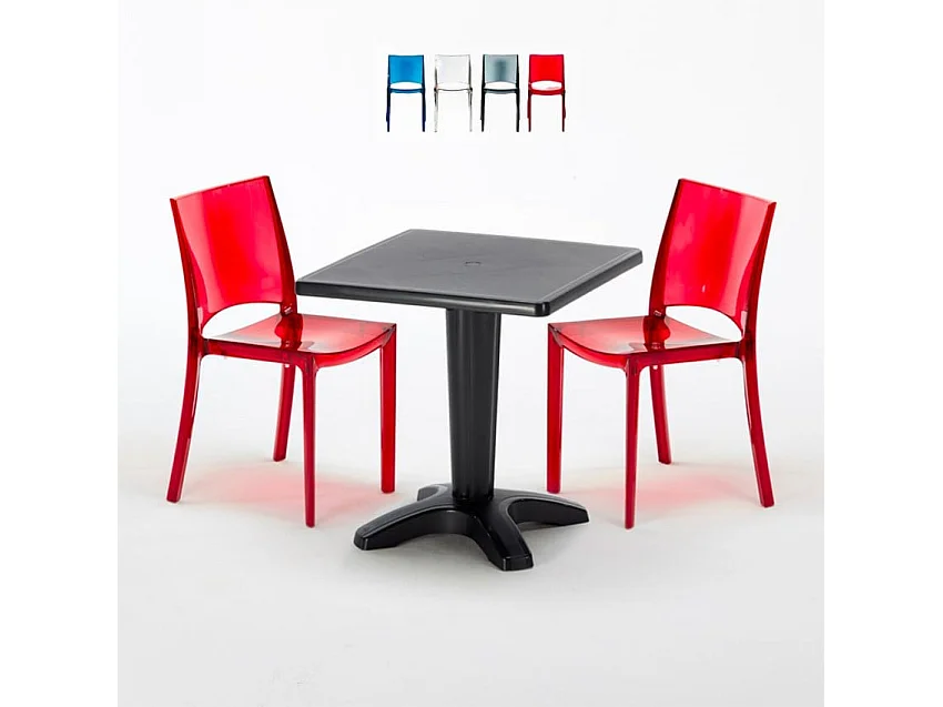 Tisch Quadratisch mit 2 Bunten Polycarbonat Outdoor Stühlen Grand Soleil Cafè