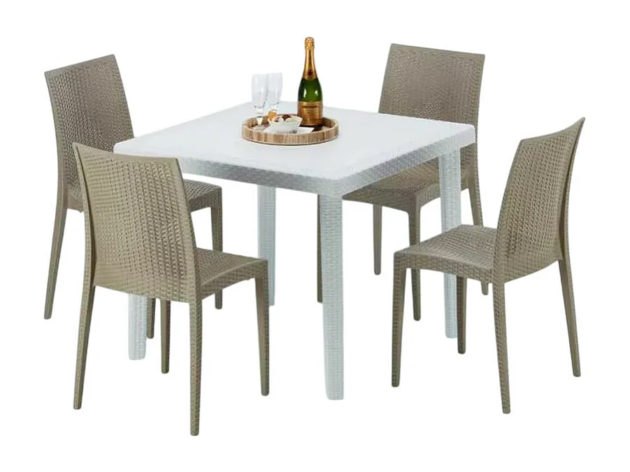 Weiß Quadratisch Tisch und 4 Stühle Farbiges Polypropylen-Außenmastenset Grand Soleil Bistrot Love - Beige