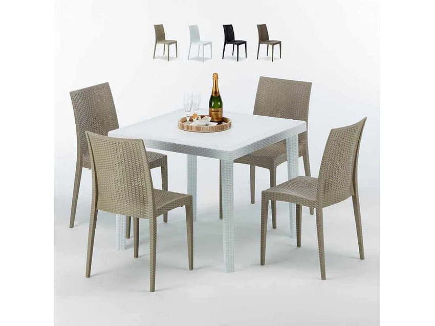 Weiß Quadratisch Tisch und 4 Stühle Farbiges Polypropylen-Außenmastenset Grand Soleil Bistrot Love - Beige