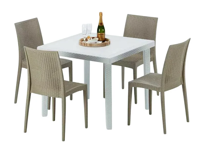 Weiß Quadratisch Tisch und 4 Stühle Farbiges Polypropylen-Außenmastenset Grand Soleil Bistrot Love - Beige