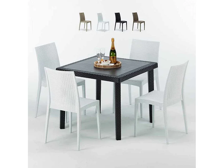 Schwarz Quadratisch Tisch und 4 Stühle Farbiges Polypropylen-Außenmastenset Grand Soleil Bistrot Passion - Weiß