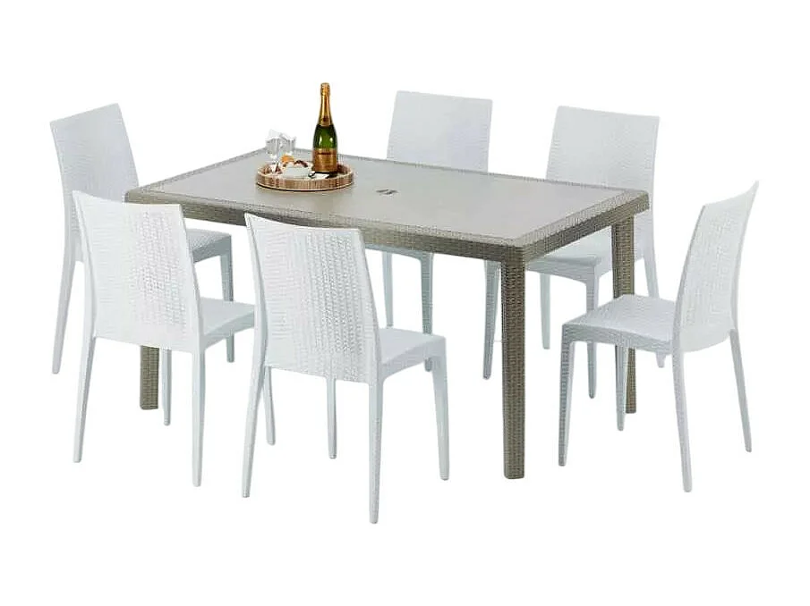 Polyrattan Tisch Rechteckig mit 6 Bunten Stühlen 150x90 Beige Marion
