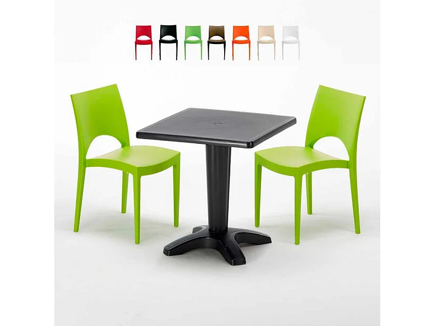 Schwarz Quadratisch Tisch und 2 Stühle Farbiges Polypropylen-Innenmastenset Grand Soleil Paris Aia - Grün