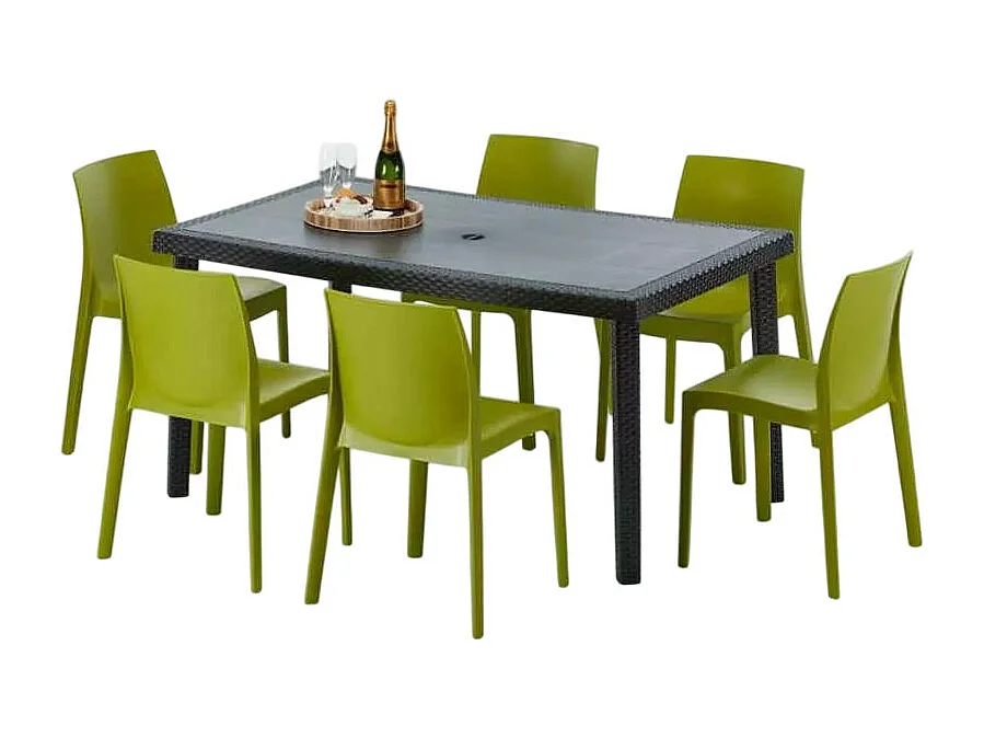 Poly Rattan Tisch Rechteckig mit 6 Bunten Polyrattan Stühlen 150x90 Schwarz