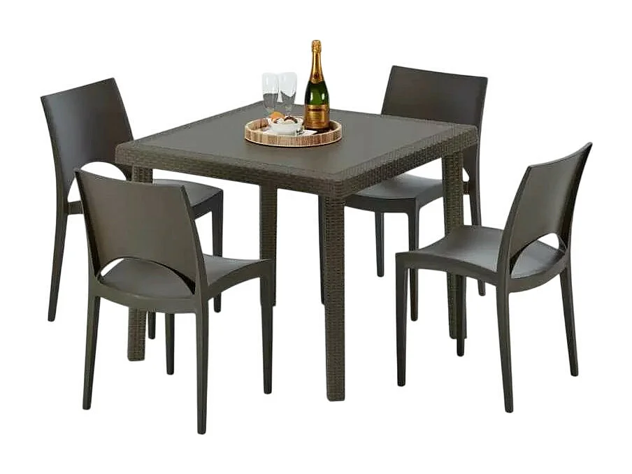 Poly Rattan Tisch Quadratisch mit 4 Bunten Stühlen 90x90 Braun Brown Passion