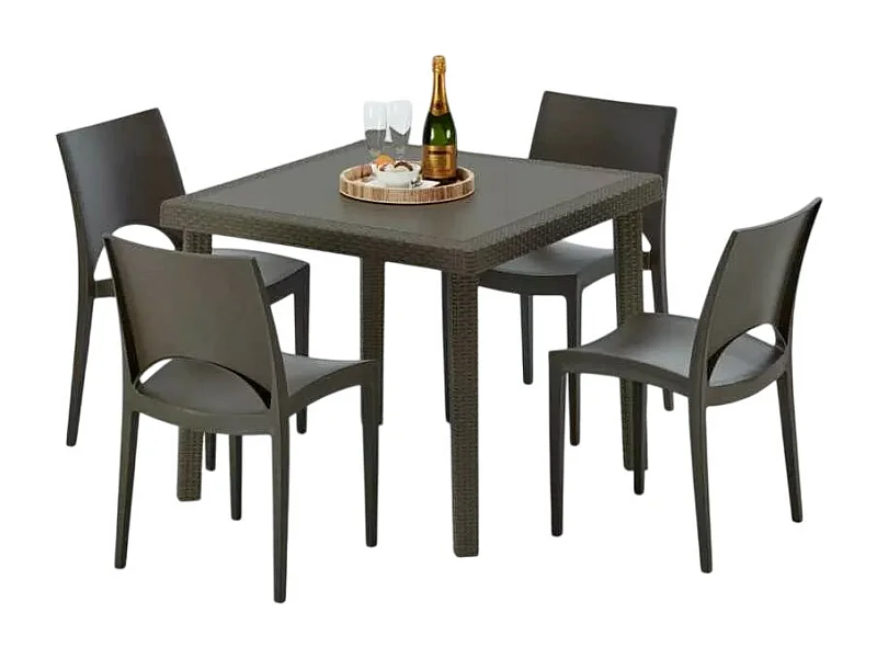 Poly Rattan Tisch Quadratisch mit 4 Bunten Stühlen 90x90 Braun Brown Passion