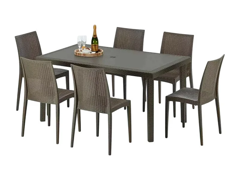 Polyrattan Tisch Rechteckig mit 6 Bunten Stühlen 150x90 Braun Focus