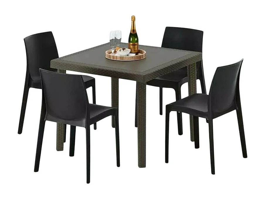 Poly Rattan Tisch Quadratisch mit 4 Bunten Stühlen 90x90 Braun Brown Passion