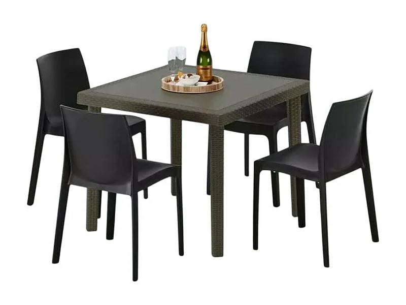 Poly Rattan Tisch Quadratisch mit 4 Bunten Stühlen 90x90 Braun Brown Passion