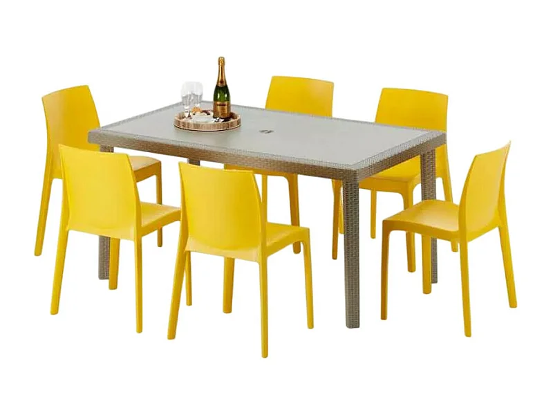 Polyrattan Tisch Rechteckig mit 6 Bunten Stühlen 150x90 Beige Marion