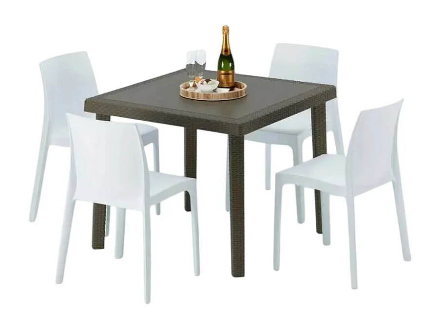 Poly Rattan Tisch Quadratisch mit 4 Bunten Stühlen 90x90 Braun Brown Passion