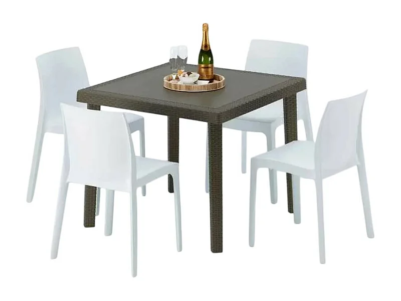 Poly Rattan Tisch Quadratisch mit 4 Bunten Stühlen 90x90 Braun Brown Passion