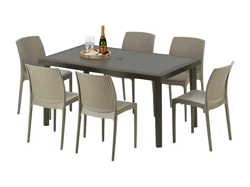 Polyrattan Tisch Rechteckig mit 6 Bunten Stühlen 150x90 Braun Focus