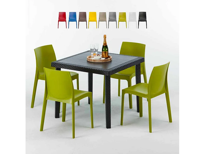 Schwarz Quadratisch Tisch und 4 Stühle Farbiges Polypropylen-Außenmastenset Grand Soleil Rome Passion - Grün Anis