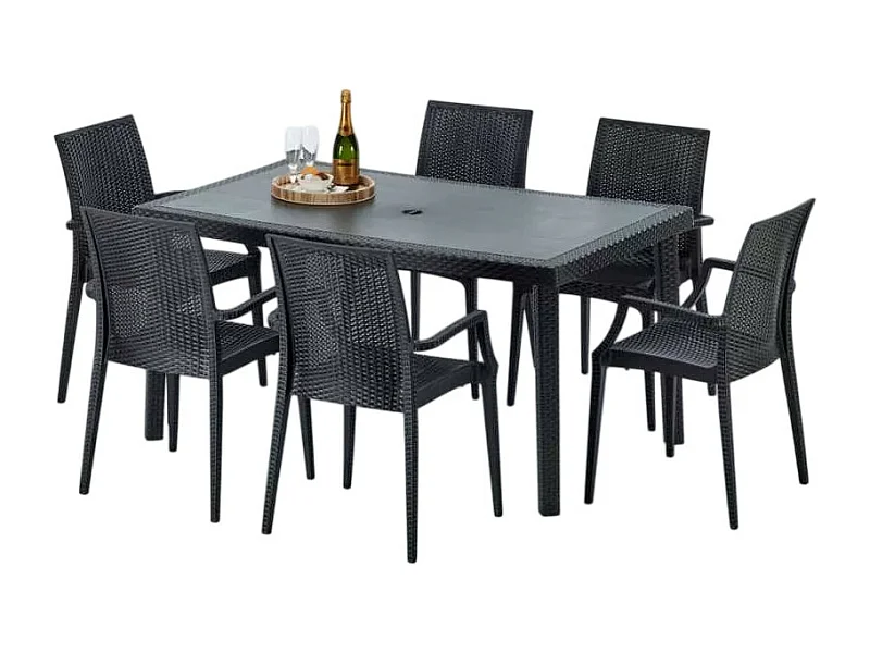 Poly Rattan Tisch Rechteckig mit 6 Bunten Polyrattan Stühlen 150x90 Schwarz