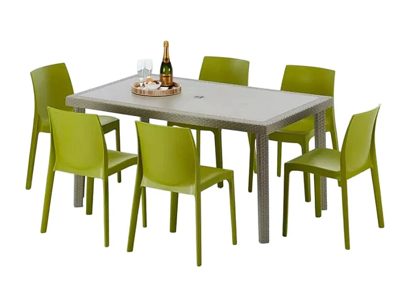 Polyrattan Tisch Rechteckig mit 6 Bunten Stühlen 150x90 Beige Marion