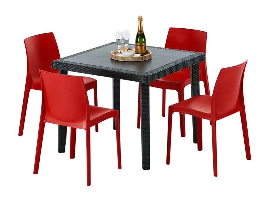 Schwarz Quadratisch Tisch und 4 Stühle Farbiges Polypropylen-Außenmastenset Grand Soleil Rome Passion - Rot