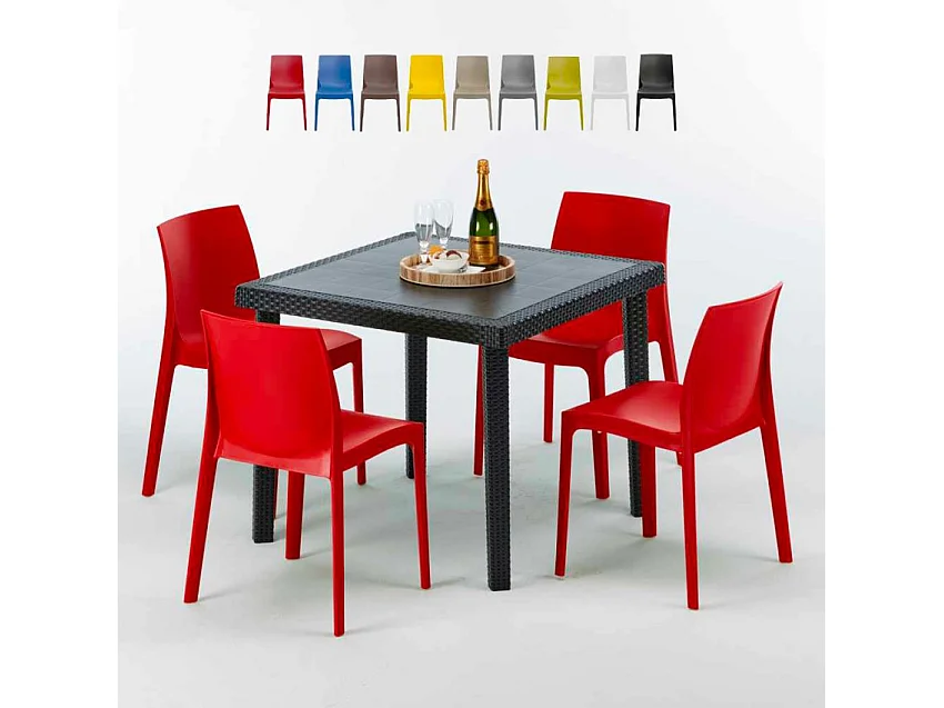 Schwarz Quadratisch Tisch und 4 Stühle Farbiges Polypropylen-Außenmastenset Grand Soleil Rome Passion - Rot