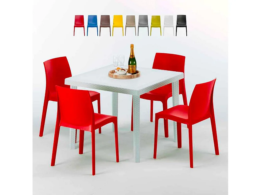 Weiß Quadratisch Tisch und 4 Stühle Farbiges Polypropylen-Außenmastenset Grand Soleil Rome Love - Rot