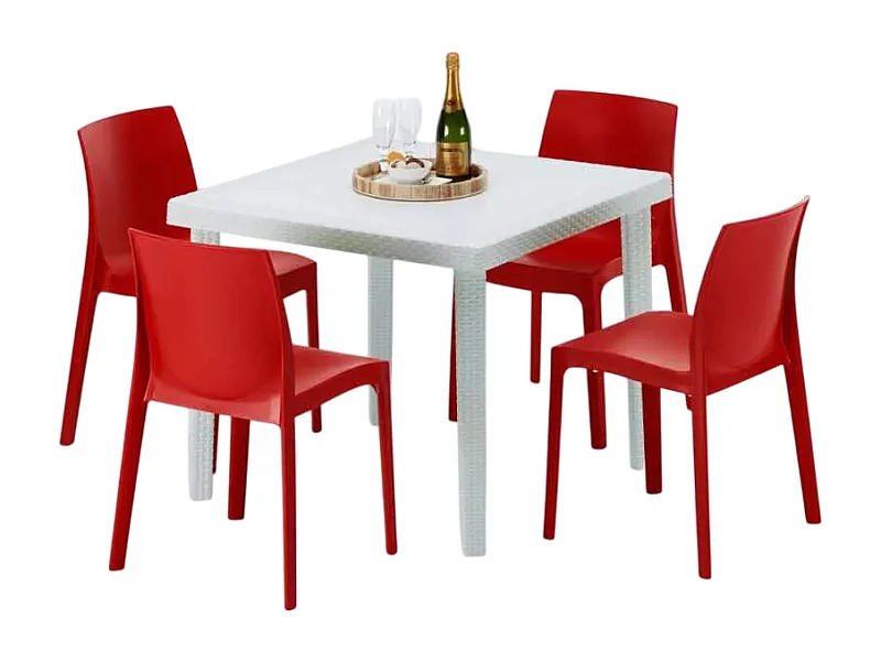 Weiß Quadratisch Tisch und 4 Stühle Farbiges Polypropylen-Außenmastenset Grand Soleil Rome Love - Rot