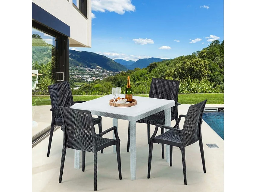 Weiß Quadratisch Tisch und 4 Stühle Farbiges Polypropylen-Außenmastenset Grand Soleil Arm Bistrot Love - Schwarz