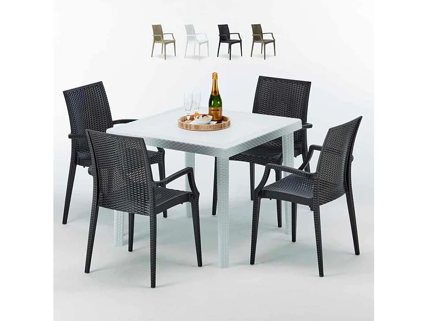 Weiß Quadratisch Tisch und 4 Stühle Farbiges Polypropylen-Außenmastenset Grand Soleil Arm Bistrot Love - Schwarz