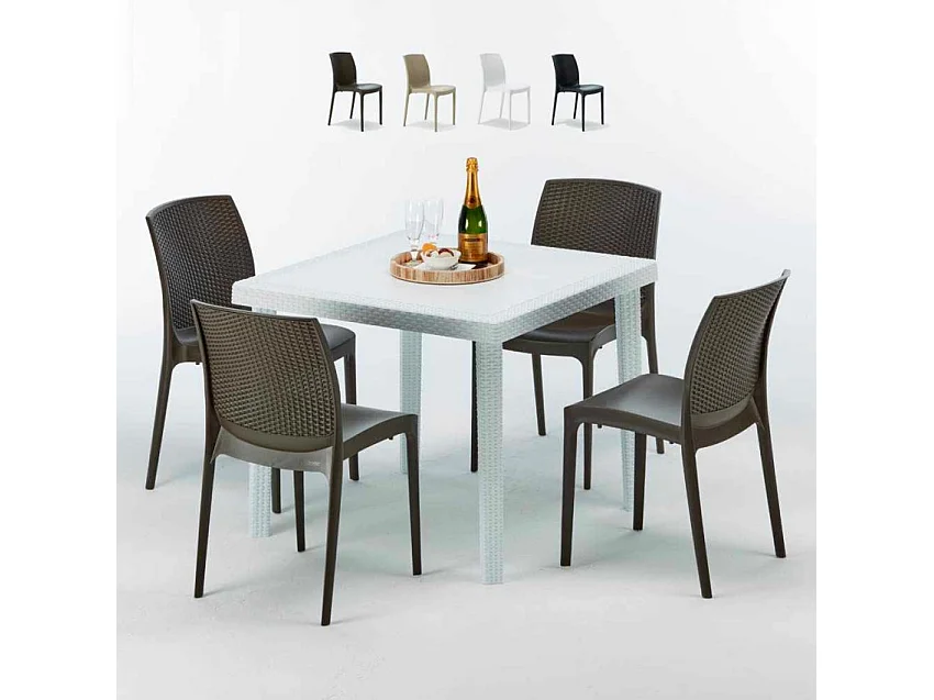 Weiß Quadratisch Tisch und 4 Stühle Farbiges Polypropylen-Außenmastenset Grand Soleil Boheme Love - Braun