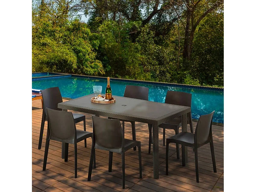 Polyrattan Tisch Rechteckig mit 6 Bunten Stühlen 150x90 Braun Focus
