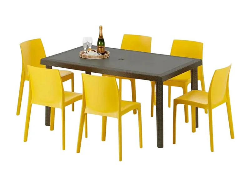 Polyrattan Tisch Rechteckig mit 6 Bunten Stühlen 150x90 Braun Focus