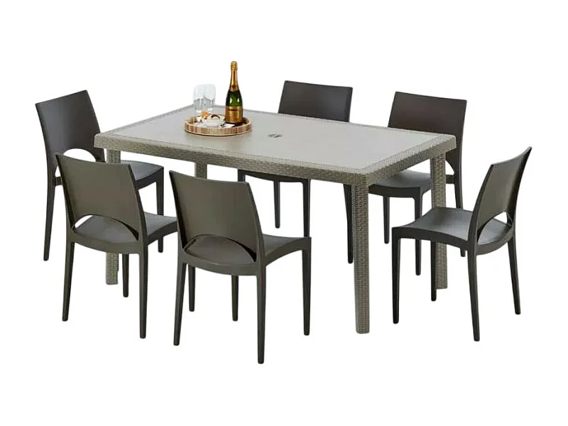 Polyrattan Tisch Rechteckig mit 6 Bunten Stühlen 150x90 Beige Marion