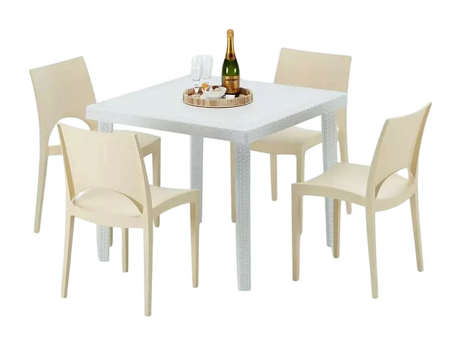 Weiß Quadratisch Tisch und 4 Stühle Farbiges Polypropylen-Außenmastenset Grand Soleil Paris Love - Beige