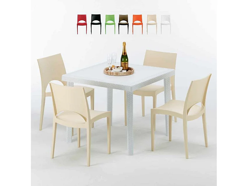 Weiß Quadratisch Tisch und 4 Stühle Farbiges Polypropylen-Außenmastenset Grand Soleil Paris Love - Beige