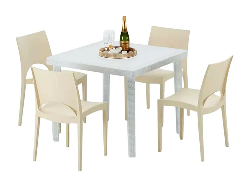 Weiß Quadratisch Tisch und 4 Stühle Farbiges Polypropylen-Außenmastenset Grand Soleil Paris Love - Beige
