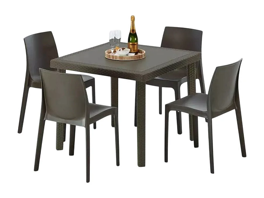 Poly Rattan Tisch Quadratisch mit 4 Bunten Stühlen 90x90 Braun Brown Passion