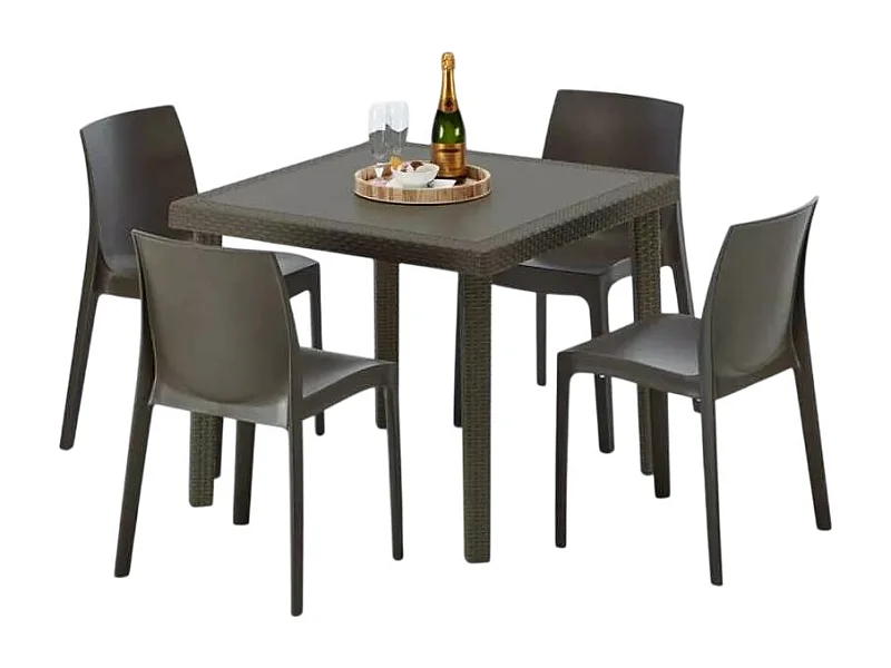 Poly Rattan Tisch Quadratisch mit 4 Bunten Stühlen 90x90 Braun Brown Passion