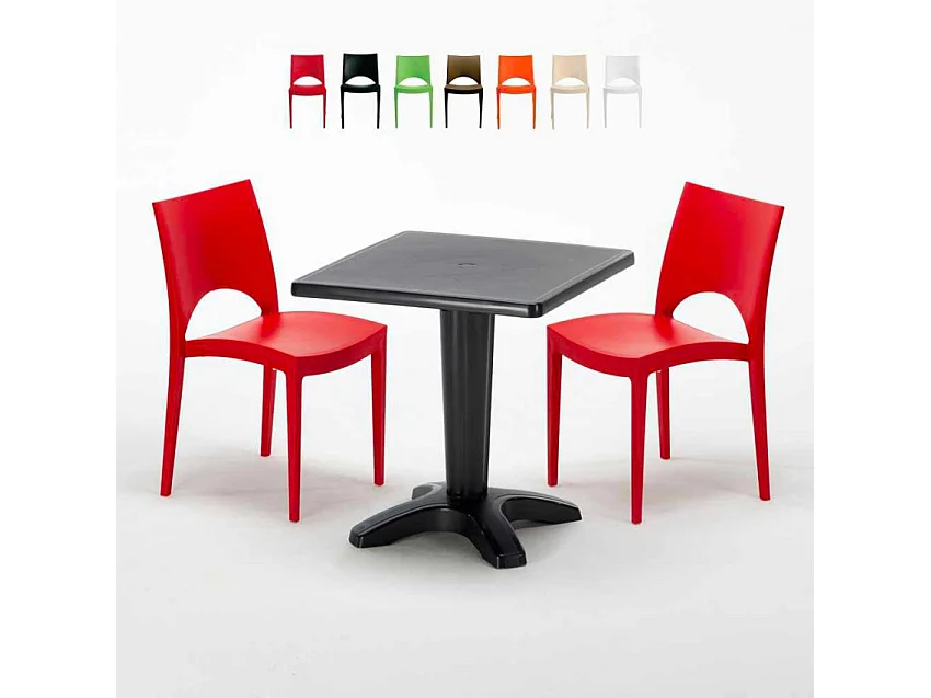 Schwarz Quadratisch Tisch und 2 Stühle Farbiges Polypropylen-Innenmastenset Grand Soleil Paris Aia - Rot