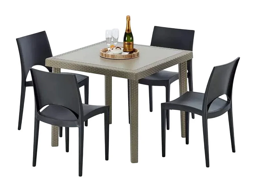 Polyrattan Tisch Quadratisch mit 4 Bunten Stühlen 90x90 Beige Elegance